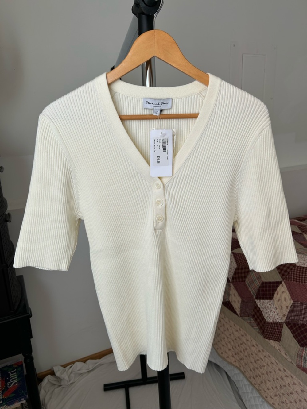 Evereve Michael Stars Jeanny Ribbed Knit Henley Sweater Top Cream NWT XL